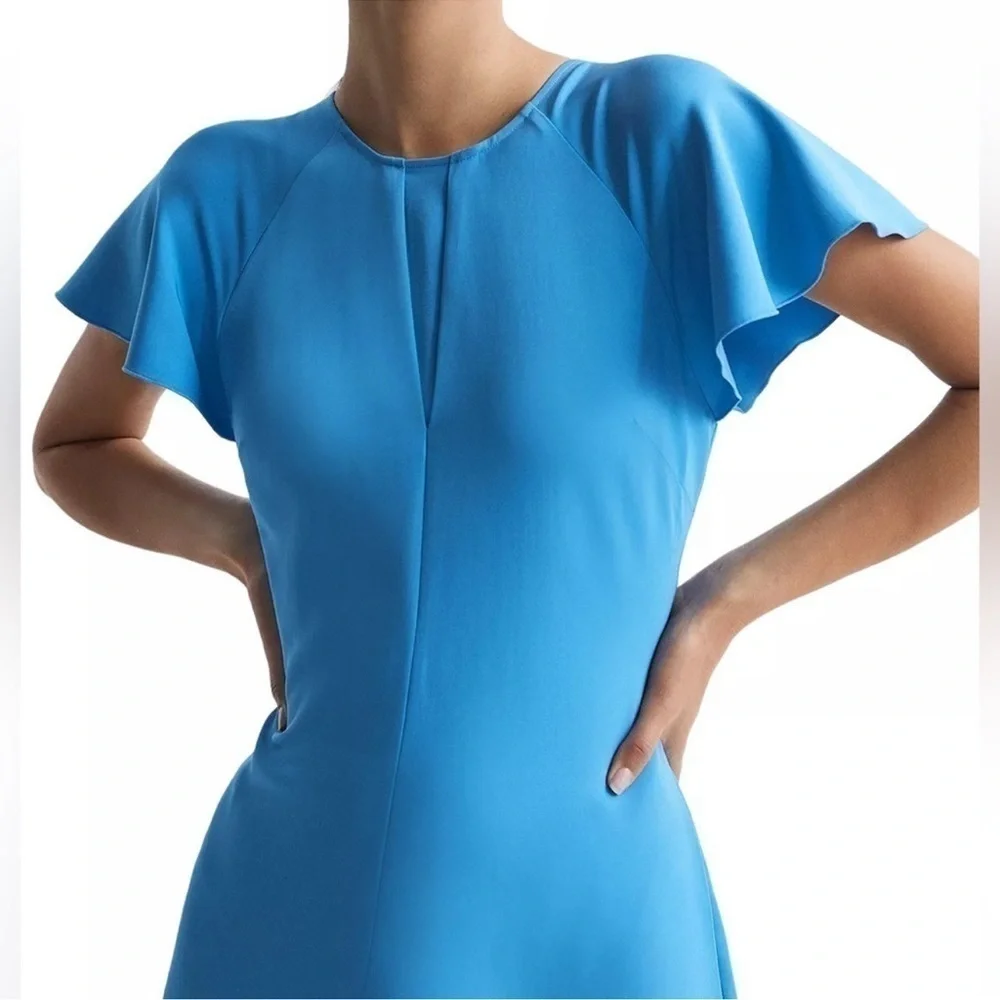 NWOT Reiss Eleni Cap Sleeve butterfly hem cap sleeves blue Midi dress sz 4_5